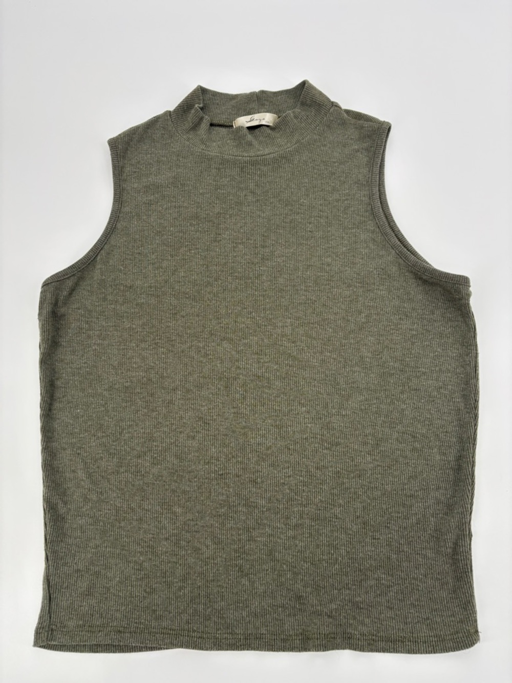 Gaze USA Olive Green Ribbed Tank Top Mock Neck Sleeveless Knit Blouse XL MadeUSA